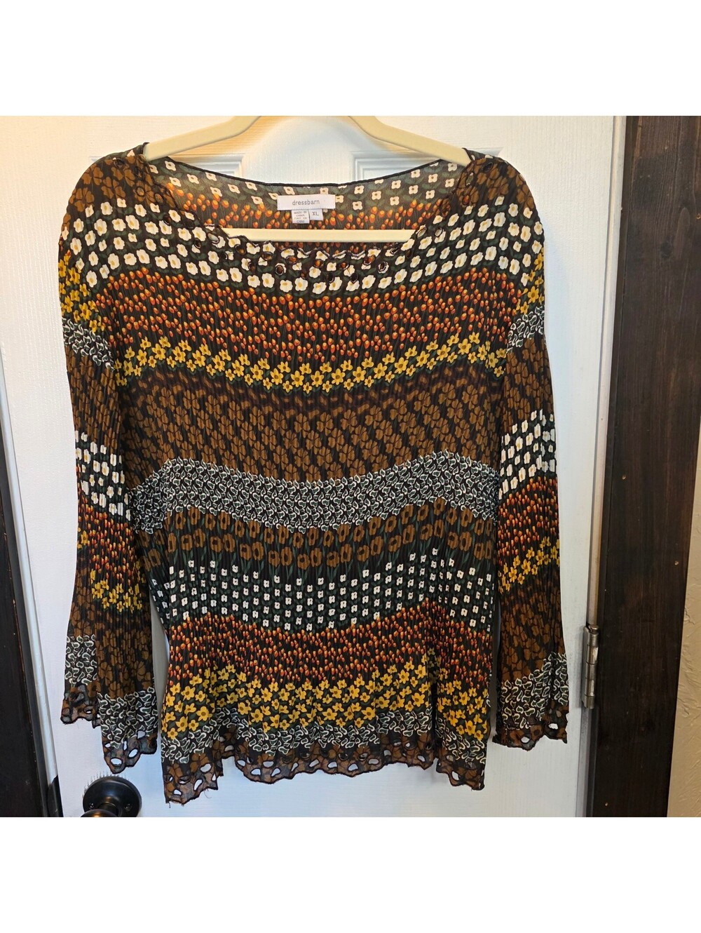 dressbarn Women's Crinkle Patterned Long Sleeve Blouse- XL